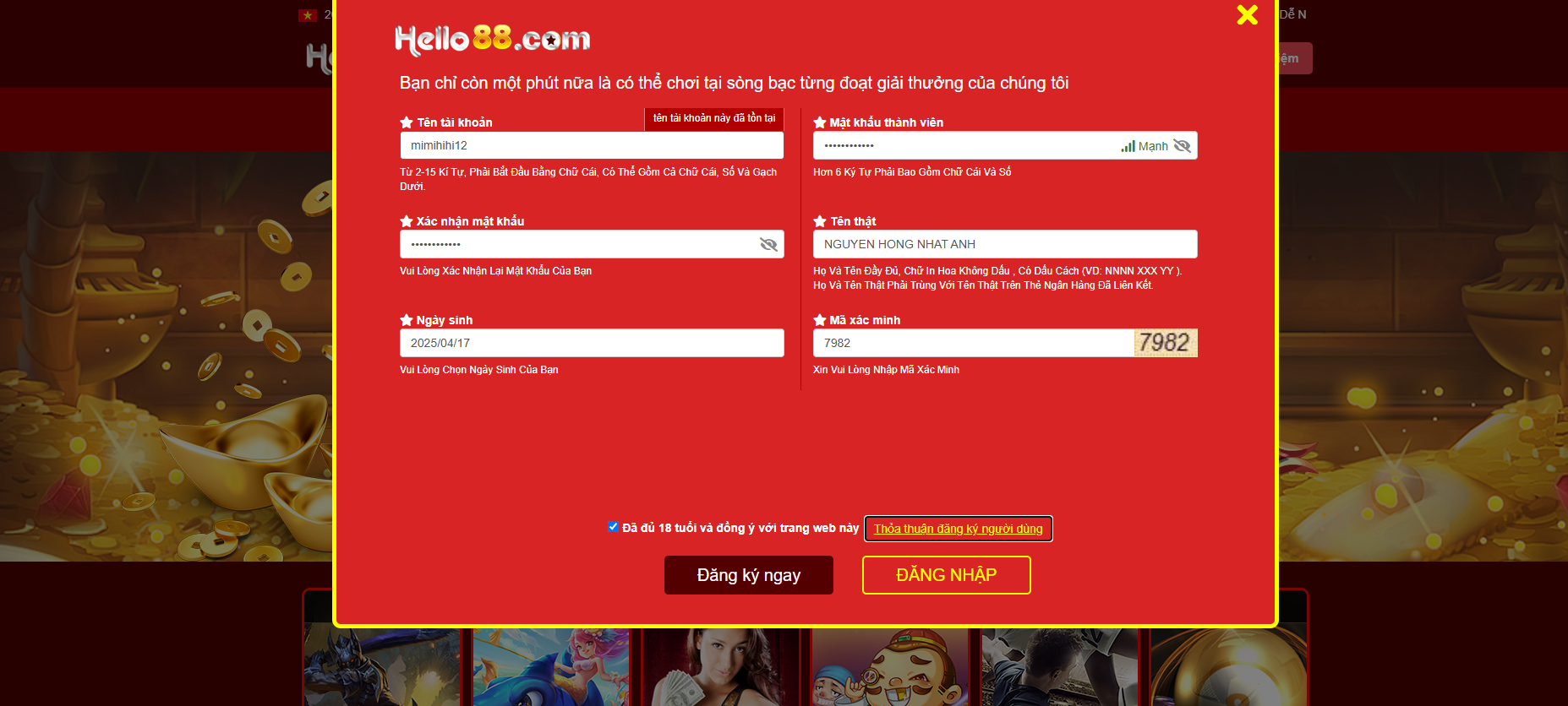 Đăng ký Hello88 - Các bước tham gia cực dễ cho tân thủ 2 Điền thông tin cá nhân