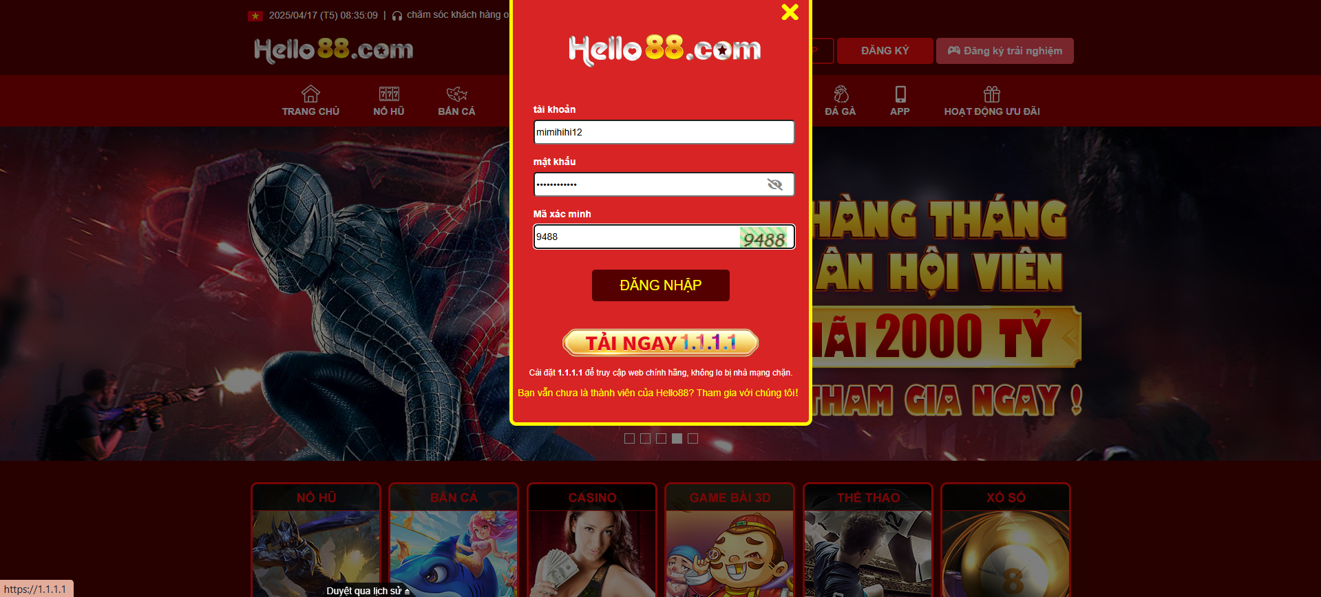 Đăng nhập Hello88 - Các bước tham gia nhà cái cực chuẩn 1 Bước 2: Nhập thông tin đăng nhập